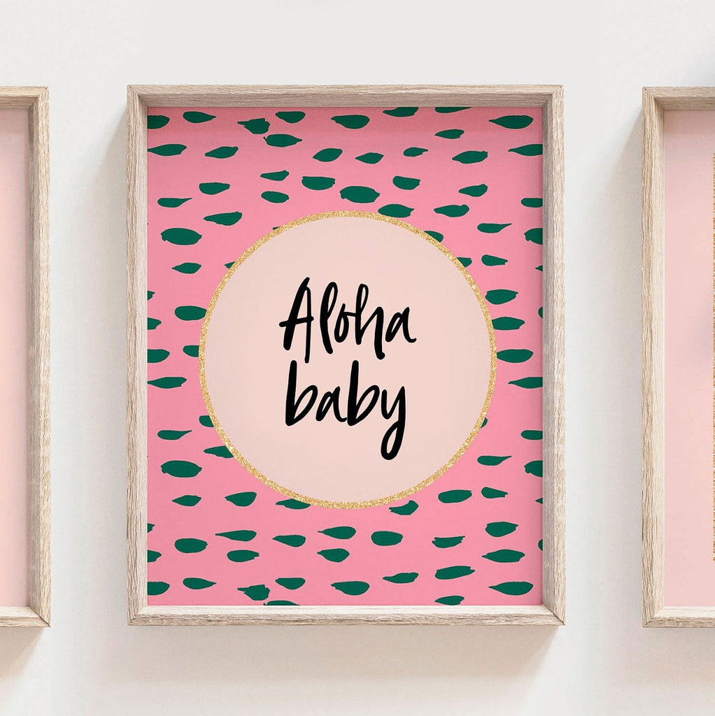 Aloha baby, pink and gold flamingo nursery, pink flamingo nursery, girls tropical name art, pink and gold room decor, baby girl flamingo art
