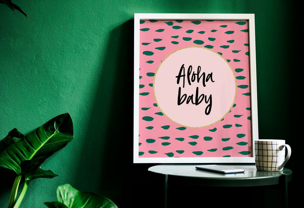 Aloha baby, pink and gold flamingo nursery, pink flamingo nursery, girls tropical name art, pink and gold room decor, baby girl flamingo art