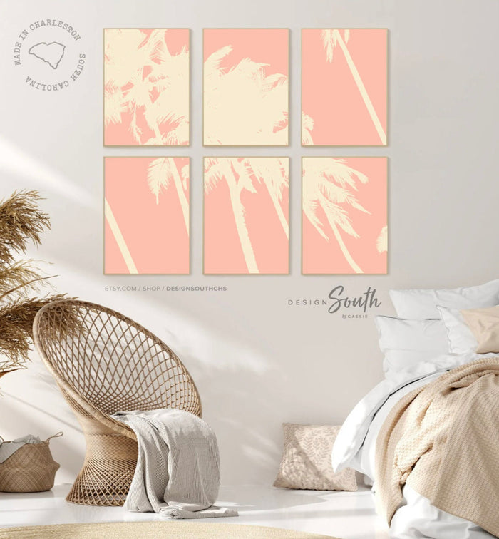 Blush tropical art pink palm trees art prints, peach chic tropical themed room, palm blush pink baby girl nursery, printable wall pink baby