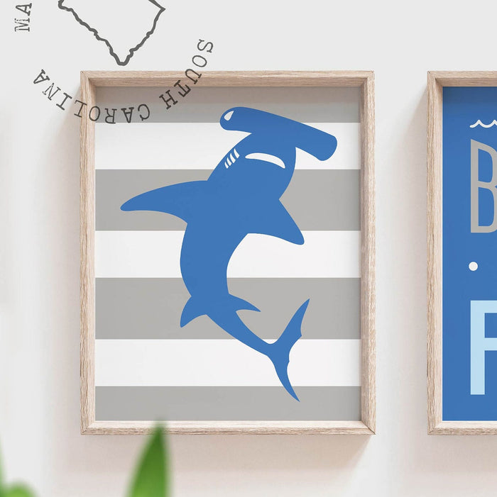 Boys nautical bathroom, children blue gray shark wall art, gift for toddler, boys bathroom wall prints, baby boy bathroom decor accessories