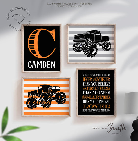 Monster truck wall personalized name for boys room decor, Truck theme wall prints, boys monster truck with name, toddler truck bedroom decor – unframed wall art print for kids room or nursery.