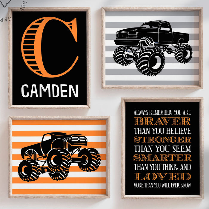 Monster truck wall personalized name for boys room decor, Truck theme wall prints, boys monster truck with name, toddler truck bedroom decor