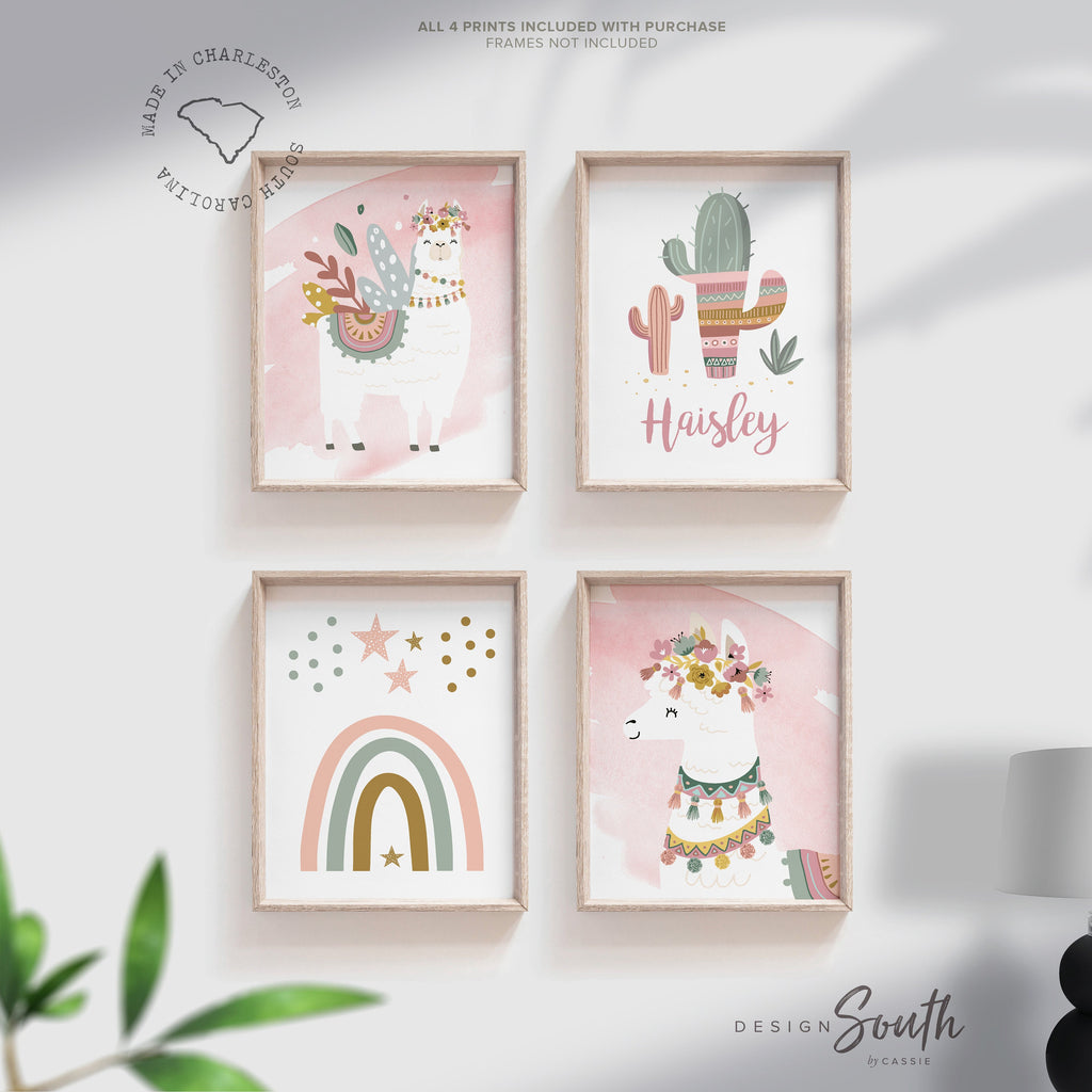 Boho nursery decor, boho nursery wall art idea, print set llama mauve pink succulents, llama themed baby room, wall decor girl bedroom llama