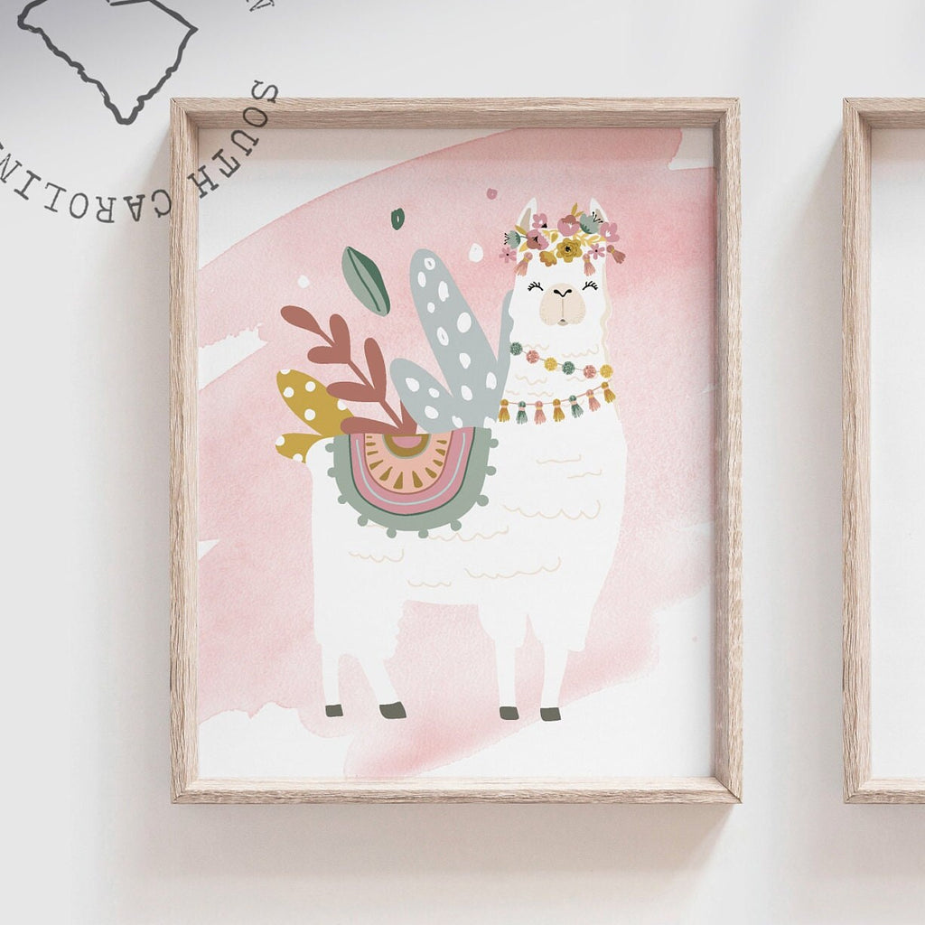 Boho nursery decor, boho nursery wall art idea, print set llama mauve pink succulents, llama themed baby room, wall decor girl bedroom llama