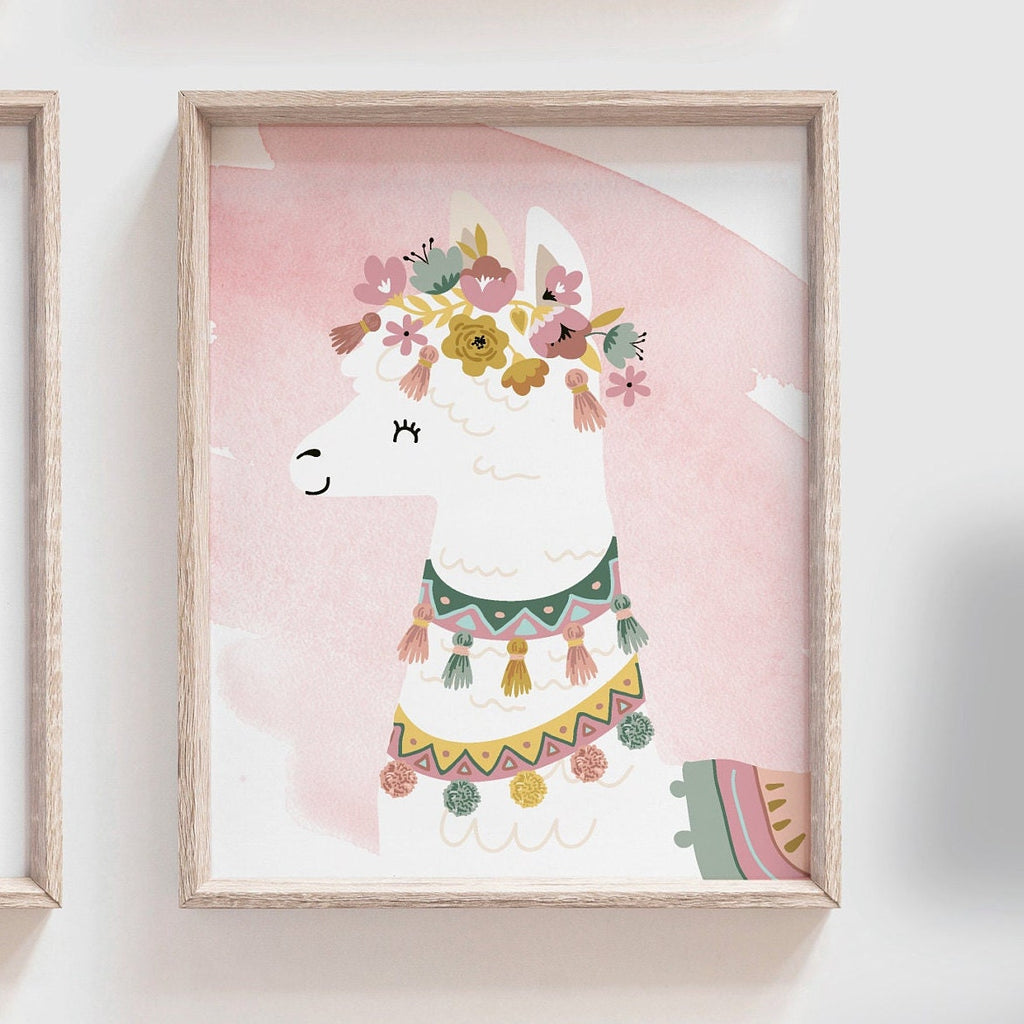 Boho nursery decor, boho nursery wall art idea, print set llama mauve pink succulents, llama themed baby room, wall decor girl bedroom llama