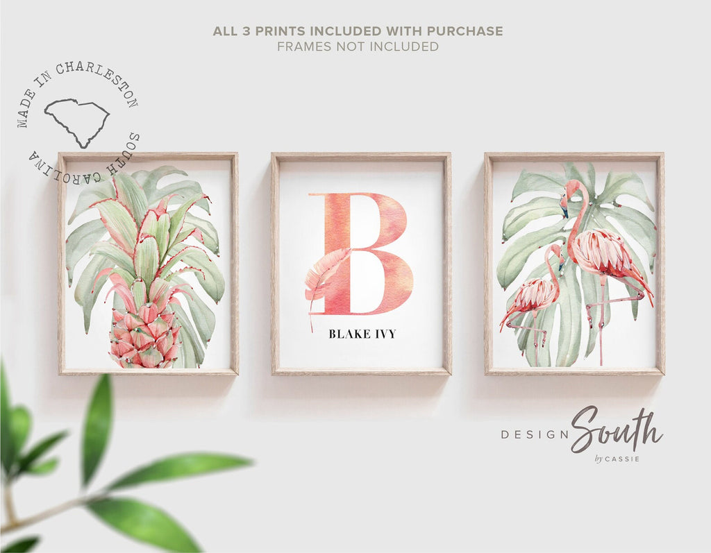 Tropical flamingo nursery, pink green nursery tropical baby, monstera leaf tropical theme baby, trendy nursery wall art decor baby girl gift
