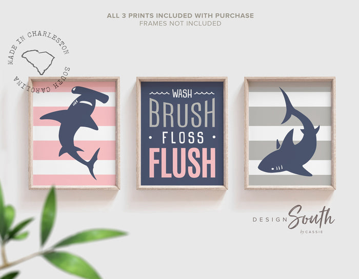 Nautical baby decor, girls nautical bathroom, girls pink sharks, pink and gray, shark theme girls, pink navy shark wall art prints, pink art