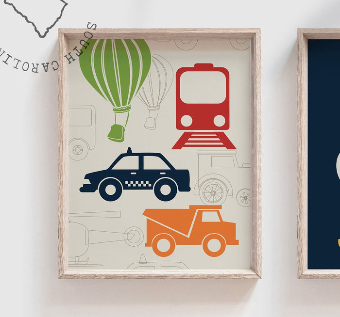 Transportation nursery decor, blue, red, orange, oh the places you'll go, personalized print, name, transportation prints, helicopter, train