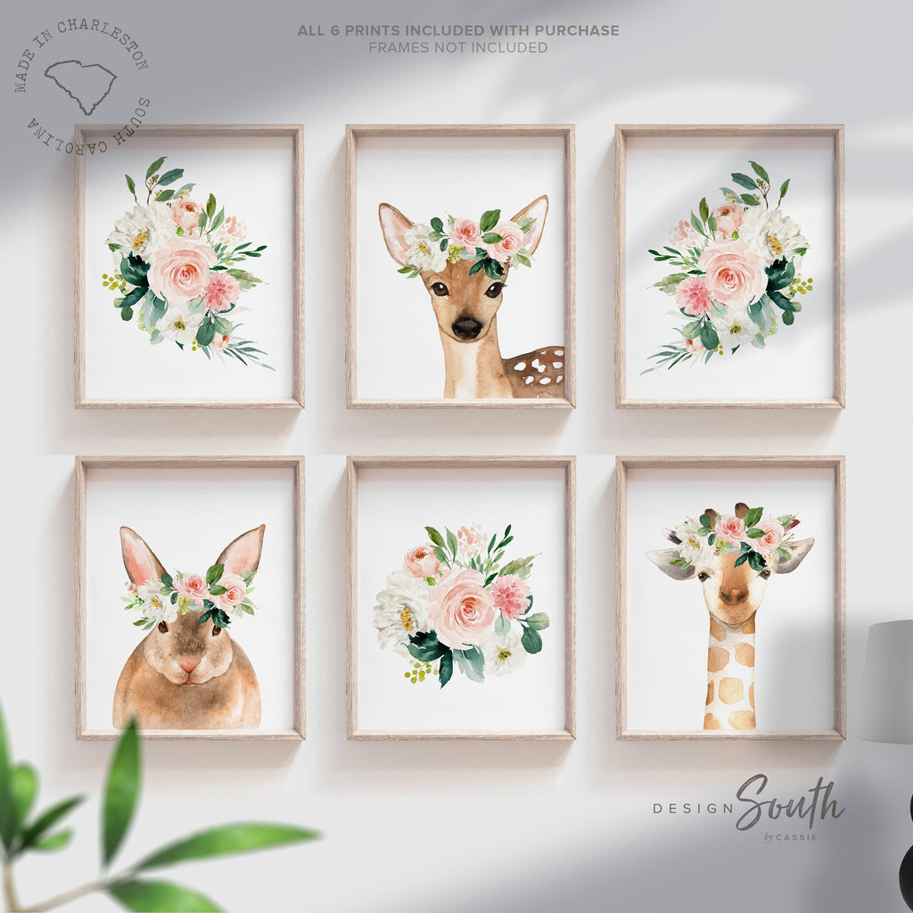 Woodland baby wall art prints, nursery woodland theme animals, baby girl nursery watercolor animals, floral baby nursery, bunny deer giraffe