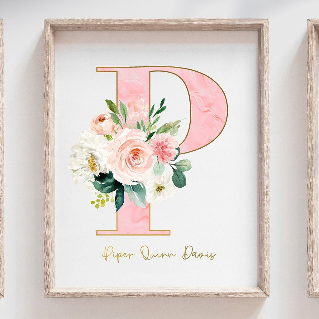 Baby girl pink nursery woodland animals, name art gift baby girl, baby shower cute animals, watercolor nursery art, personalized baby gift