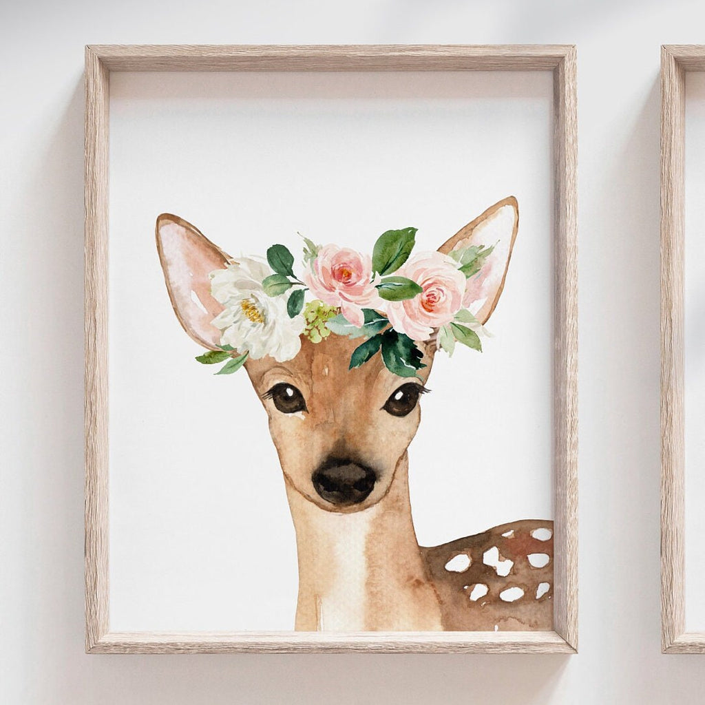 Woodland baby wall art prints, nursery woodland theme animals, baby girl nursery watercolor animals, floral baby nursery, bunny deer giraffe