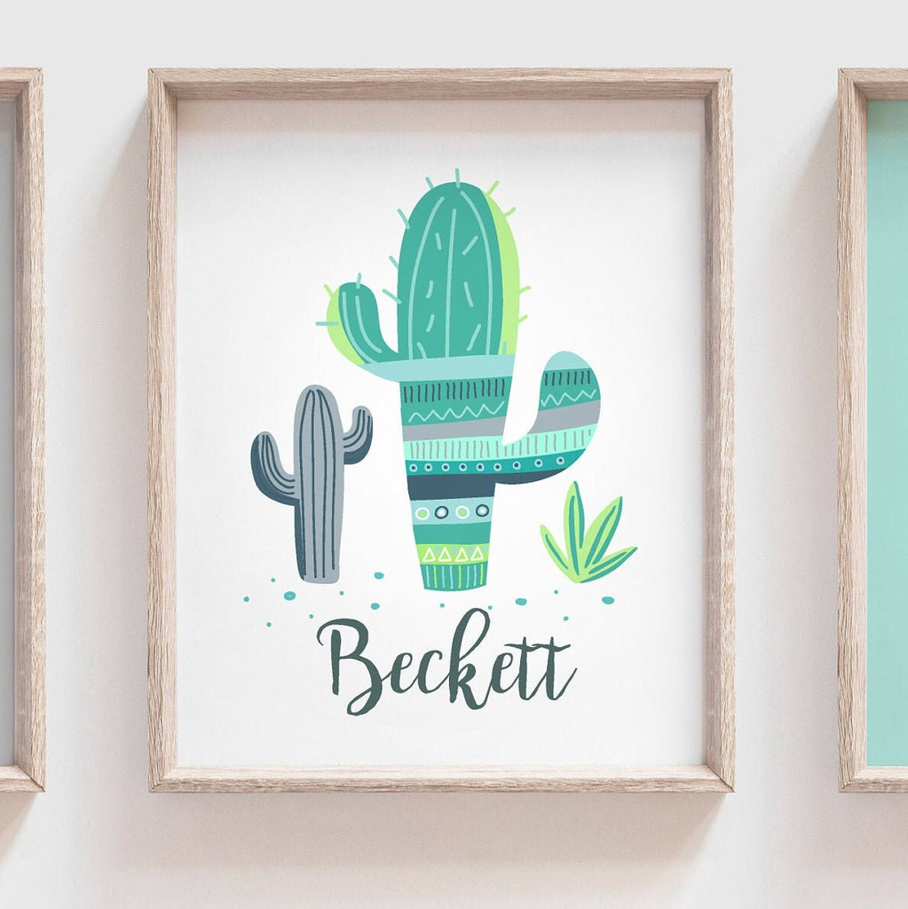 Teal blue cactus boho room decor, llama nursery boy alpaca, kid teal blue green boho child room art, cactus nursery boy, llama baby boy room – unframed wall art print for kids room or nursery.