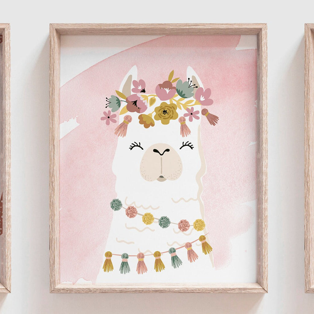 Boho baby room decor, baby girl nursery ideas mauve pink, bohemian style nursery art print set for girl, personalized gift girl boho llama