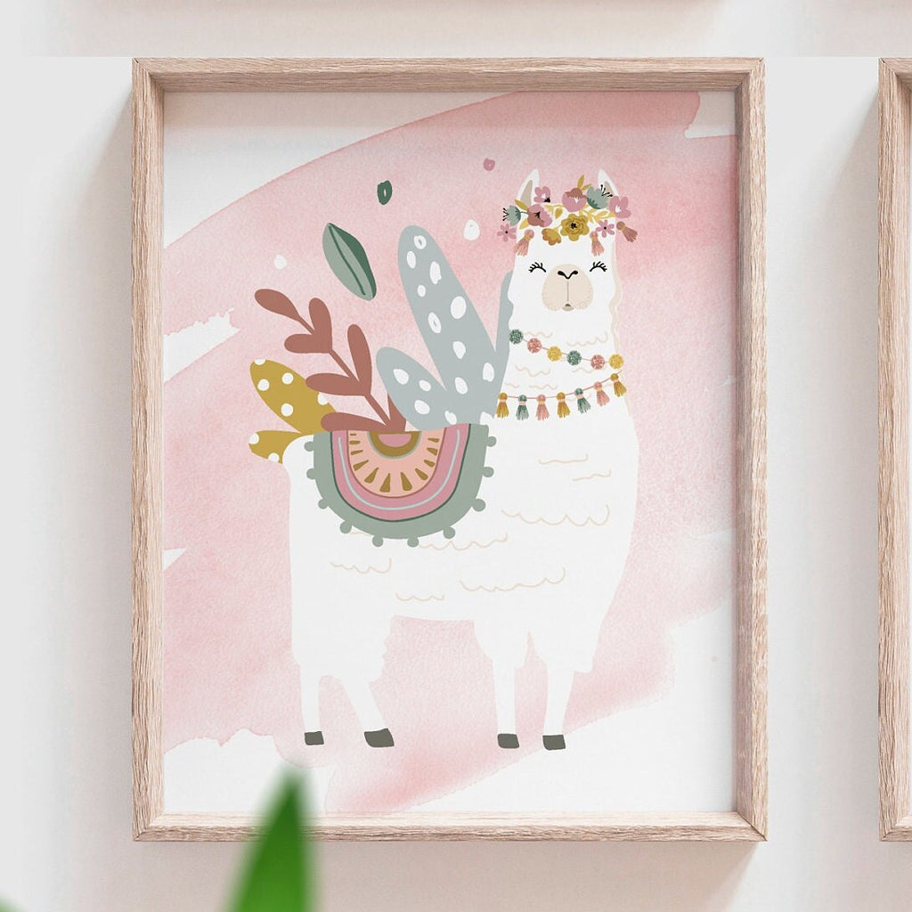 Boho baby room decor, baby girl nursery ideas mauve pink, bohemian style nursery art print set for girl, personalized gift girl boho llama