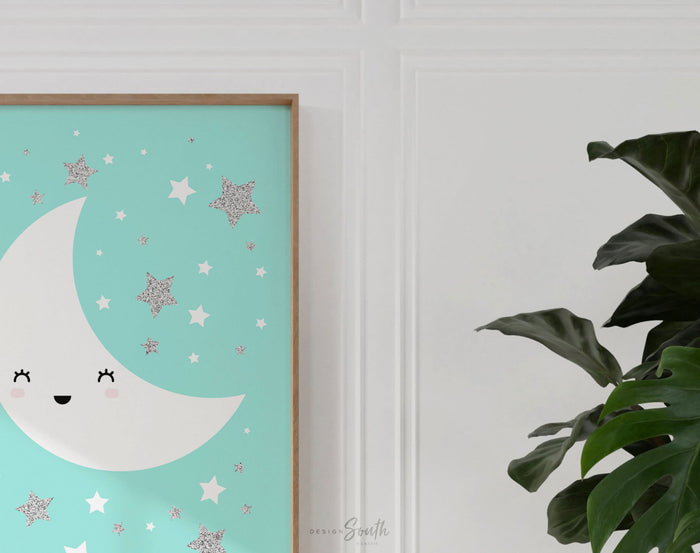 Silver gray nursery art, gender neutral, gray and teal, moon and stars, nursery baby star art, baby star decor monogram print boy or girl