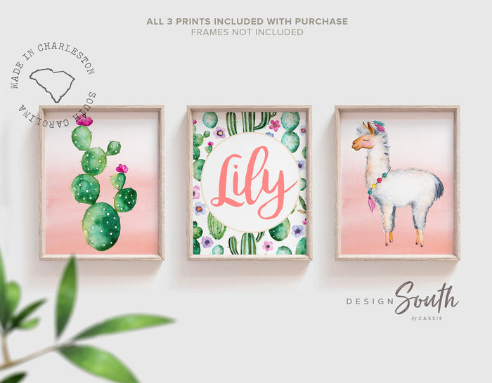 Coral nursery, llama print, boho baby room, ombre baby watercolor art, baby girl gift, personalized girl name art, shower gift, alpaca llama