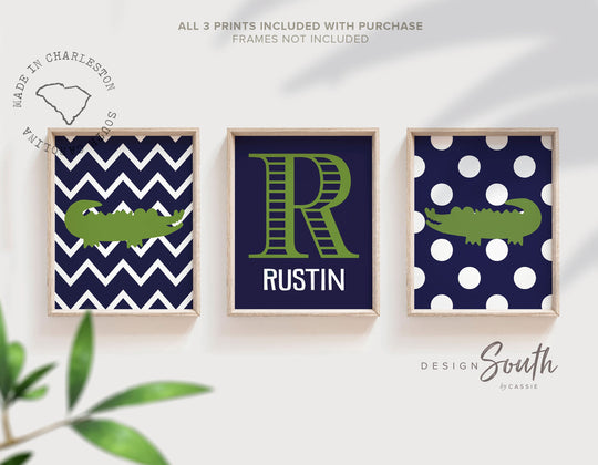 Alligator nursery decor, boys nursery decor, navy blue and green wall art, name print, chevron and polka dots, alligator playroom decor, art – unframed wall art print for kids room or nursery.