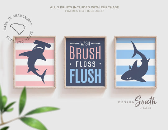 Boy girl bathroom, boy and girl shark bathroom, boy/girl decor pink blue, pink and blue bathroom kids, boy girl twin bathroom, twin girl boy – unframed wall art print for kids room or nursery.