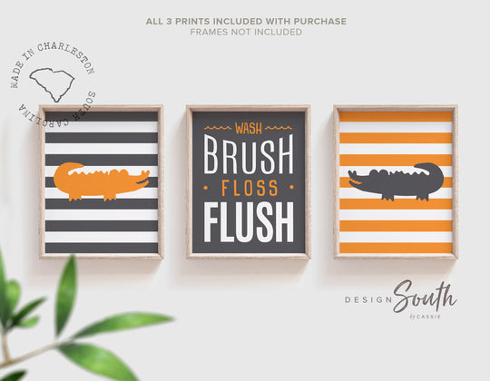 Alligator bathroom decor, boys bathroom decor, orange and gray bathroom, bathroom wall art, wash, brush, floss, flush, alligator theme, art – unframed wall art print for kids room or nursery.
