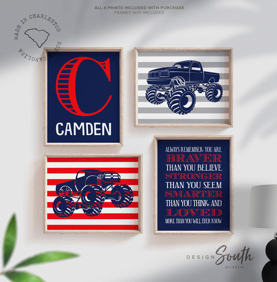 Monster truck boys bedroom decor, personalized name for boys room, big truck wall art prints, boys truck decor, toddler truck bedroom decor – unframed wall art print for kids room or nursery.