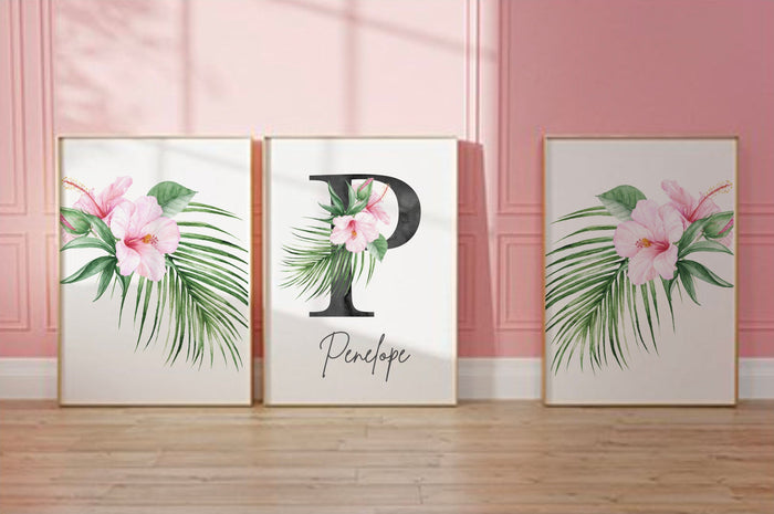 Animal nursery decor for girls, pink hawaiian flower animal prints, panda bear themed, pink tropical room art, wall art girl bedroom name