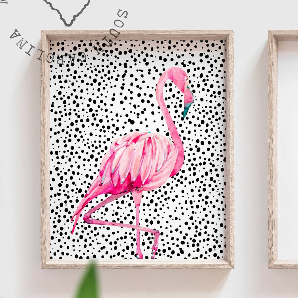Pink and dalmatian speckle, flamingo nursery decor, girl nursery decor pink and dalmatian spotty, tropical nursery theme, girl tropical room