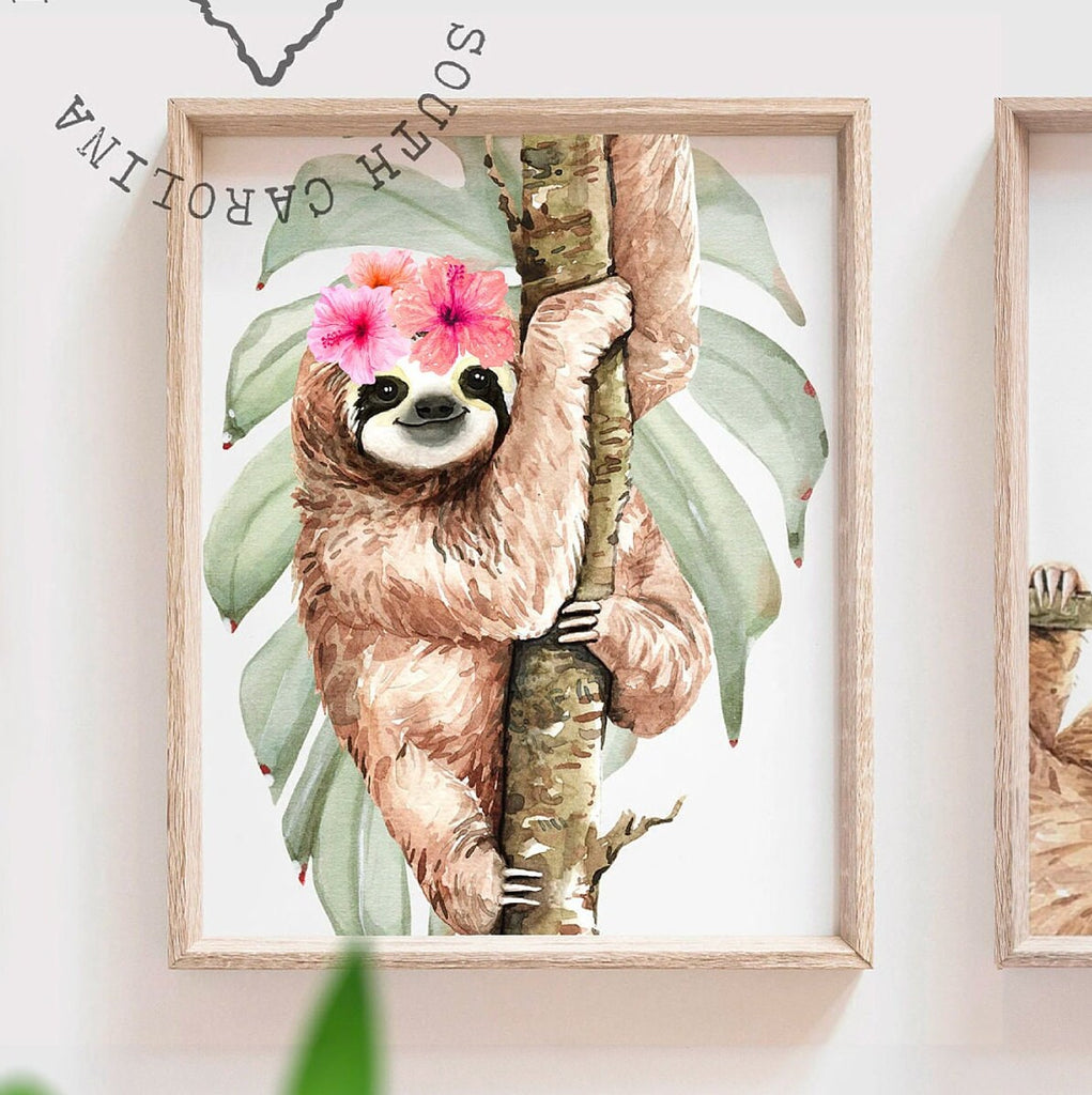 Girl sloth wall art set, sloth themed baby girl nursery, sloth nursery ideas for girl, pink sloth tropical room decor, welcome to my crib