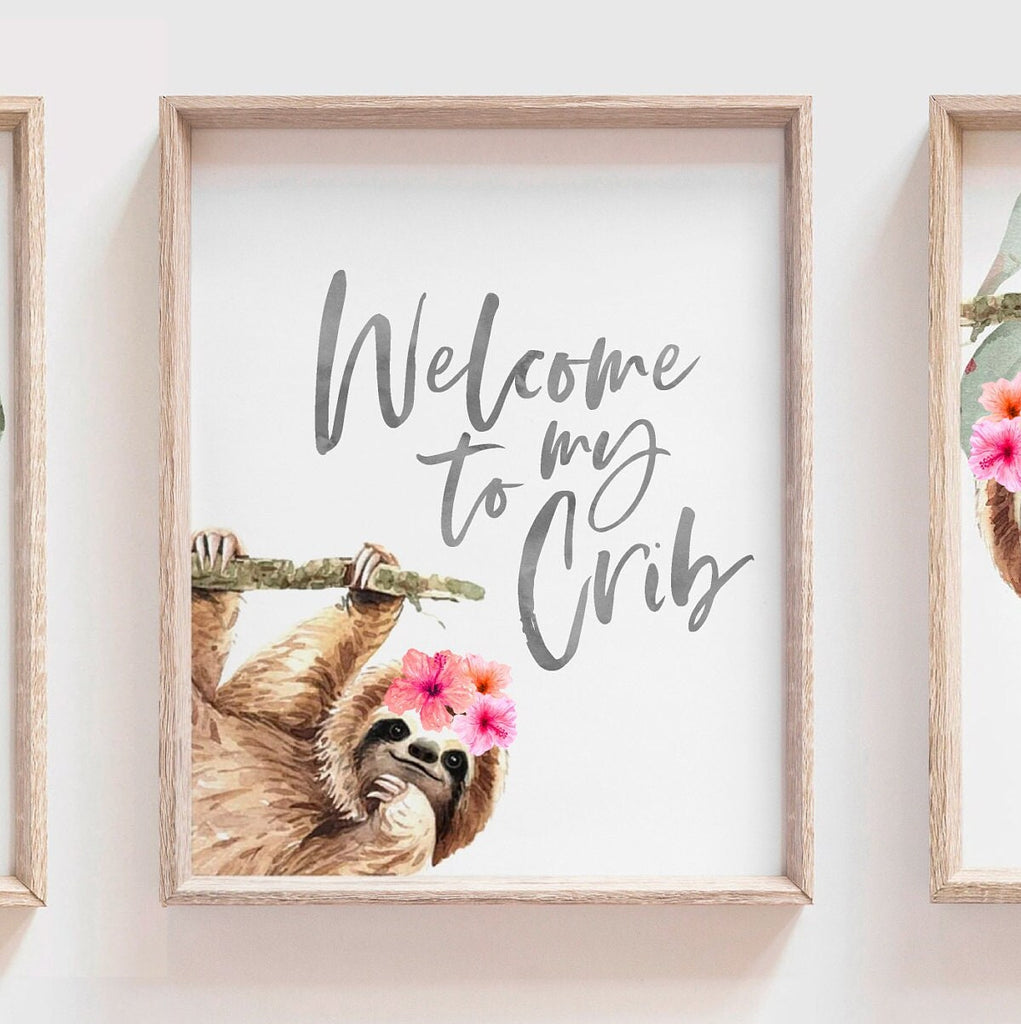Girl sloth wall art set, sloth themed baby girl nursery, sloth nursery ideas for girl, pink sloth tropical room decor, welcome to my crib