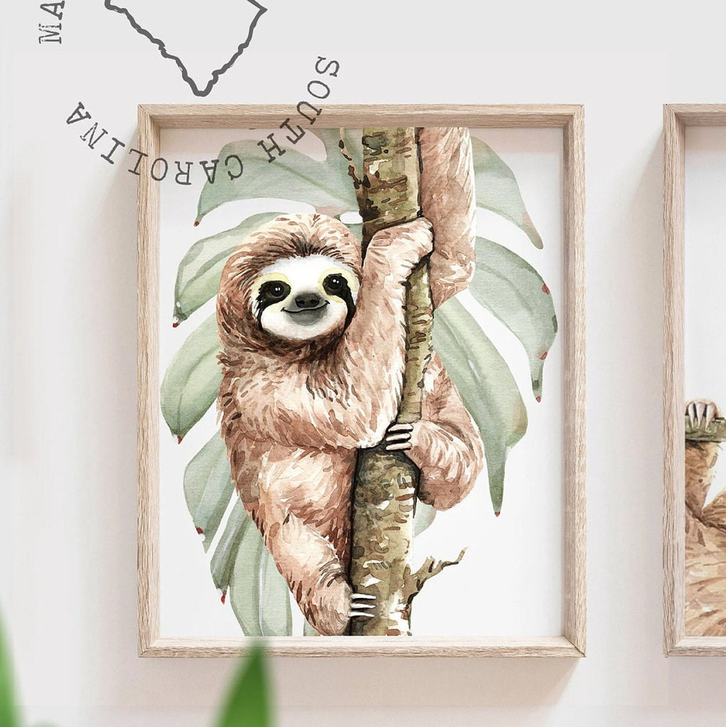 Boy sloth wall art set, sloth themed baby boy nursery, sloth nursery ideas for boy, personalized boy's name sloth tropical room decor wall