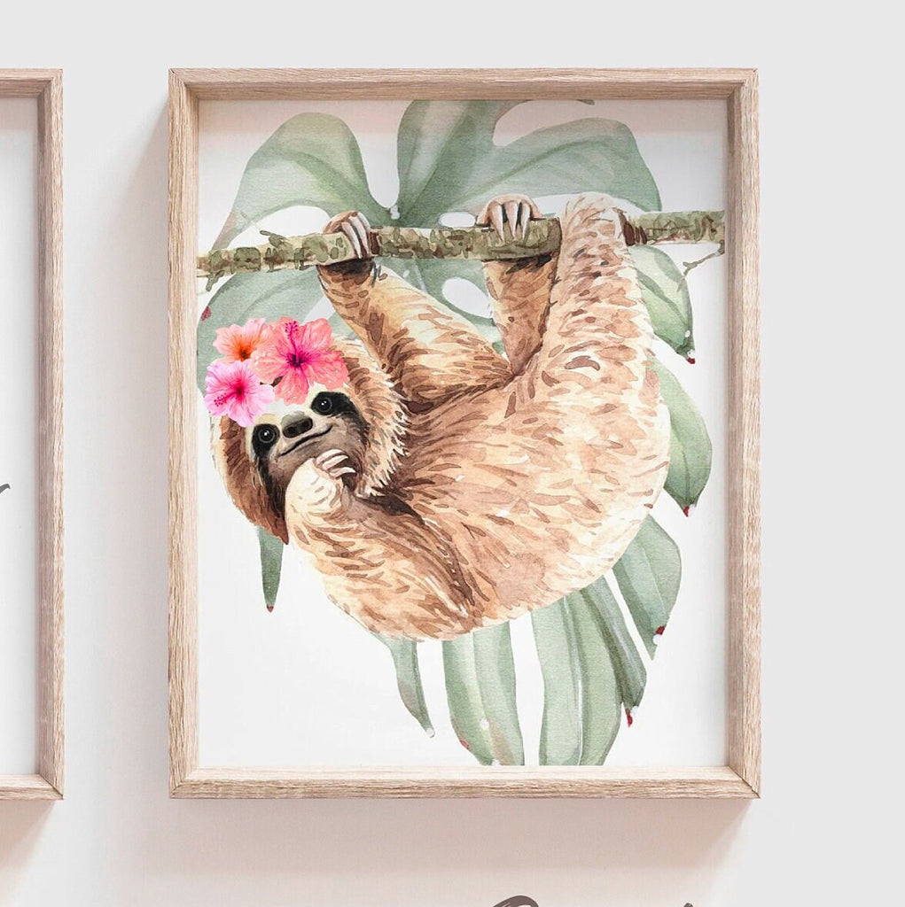 Girl sloth wall art set, sloth themed baby girl nursery, sloth nursery ideas for girl, pink sloth tropical room decor, welcome to my crib