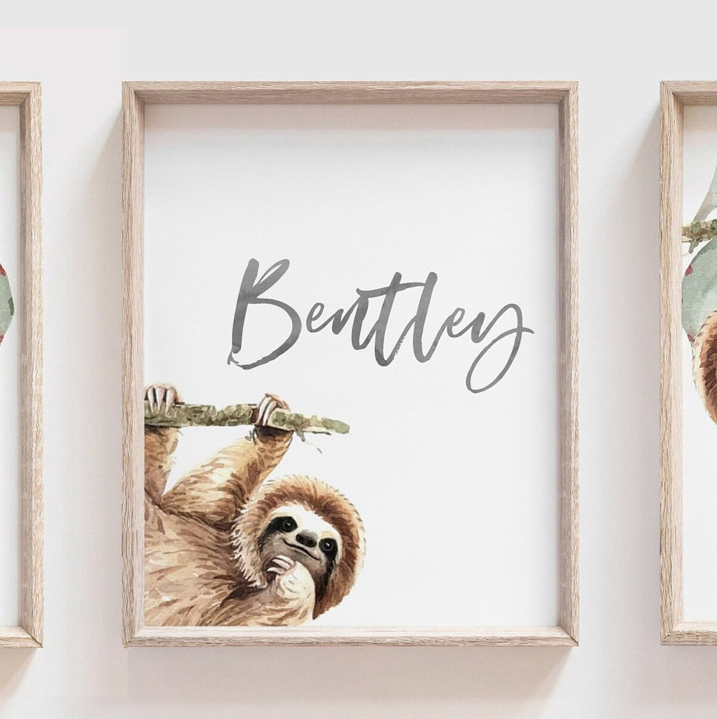Boy sloth wall art set, sloth themed baby boy nursery, sloth nursery ideas for boy, personalized boy's name sloth tropical room decor wall