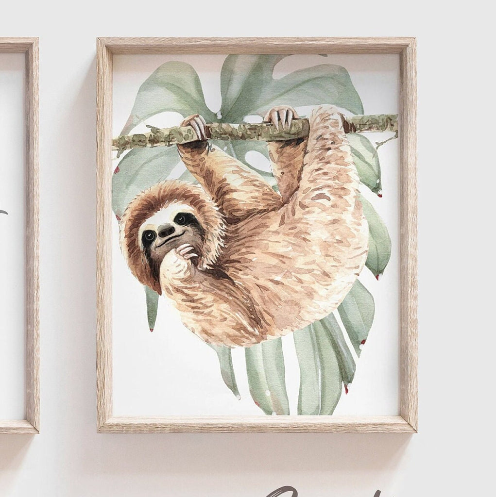 Boy sloth wall art set, sloth themed baby boy nursery, sloth nursery ideas for boy, personalized boy's name sloth tropical room decor wall
