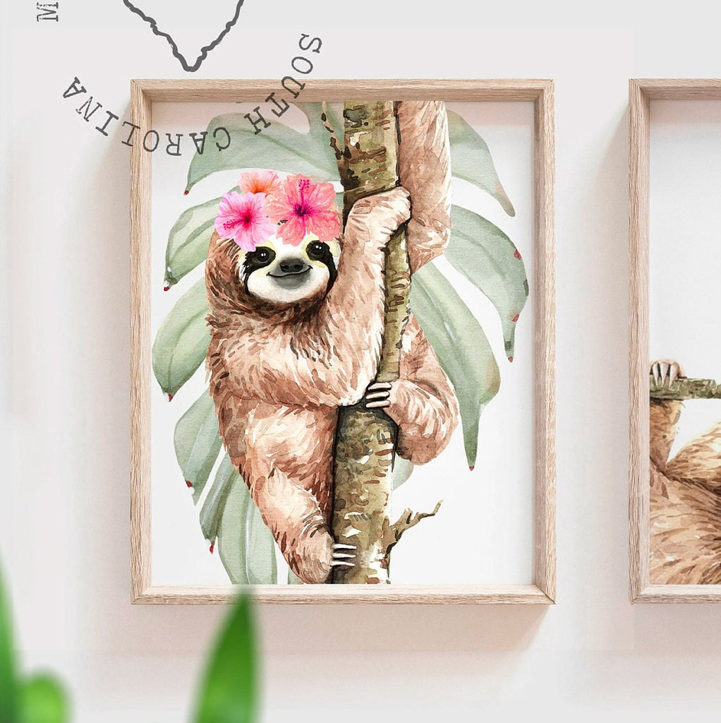 Girl sloth wall art set, sloth themed baby girl nursery, sloth nursery ideas for girl, personalized girl's name sloth tropical room decor