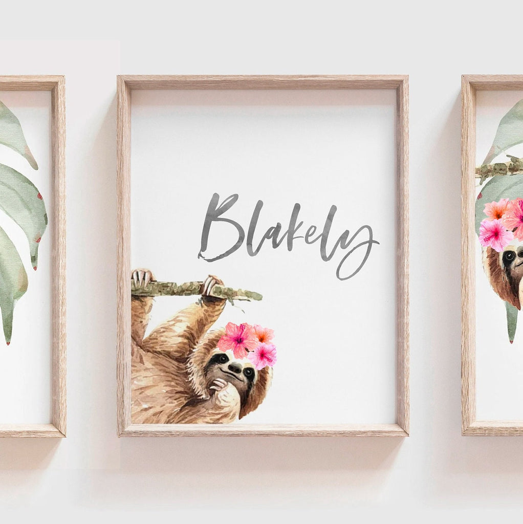 Girl sloth wall art set, sloth themed baby girl nursery, sloth nursery ideas for girl, personalized girl's name sloth tropical room decor
