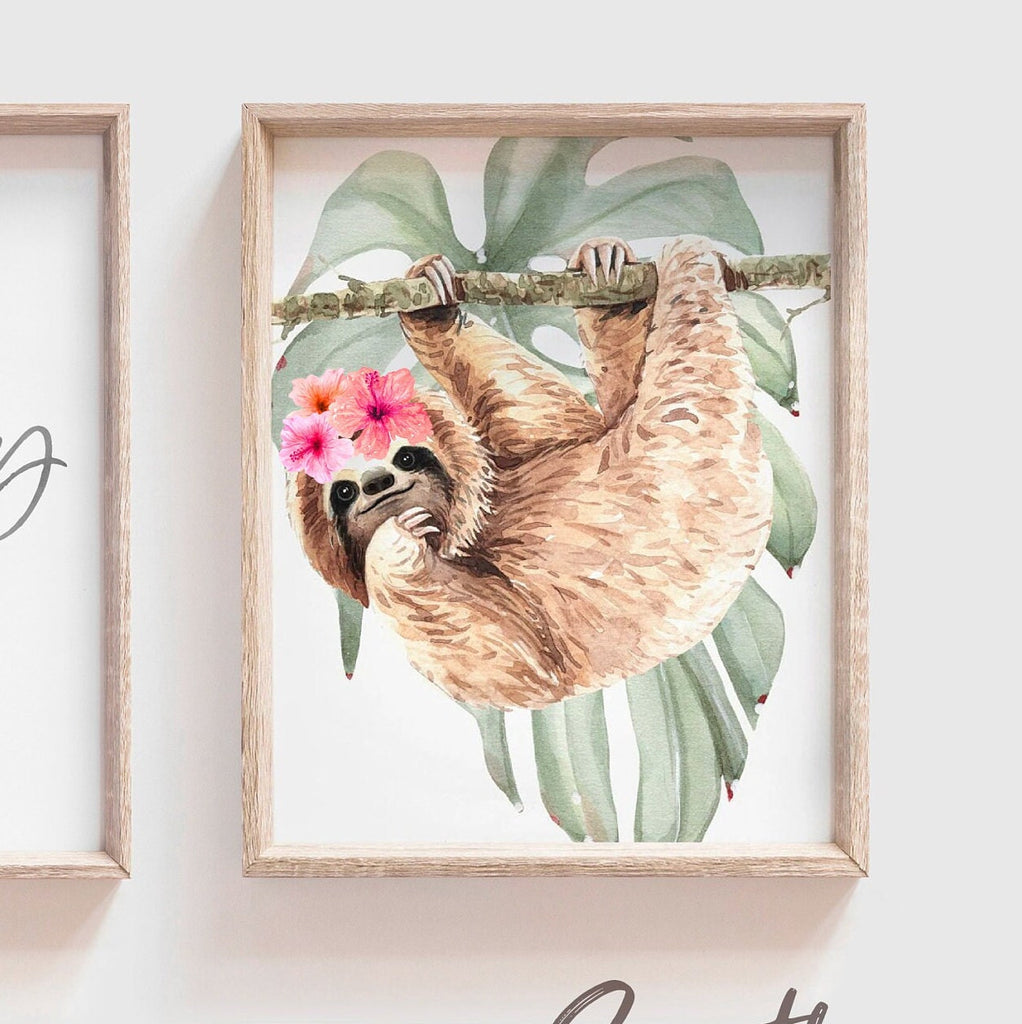 Girl sloth wall art set, sloth themed baby girl nursery, sloth nursery ideas for girl, personalized girl's name sloth tropical room decor