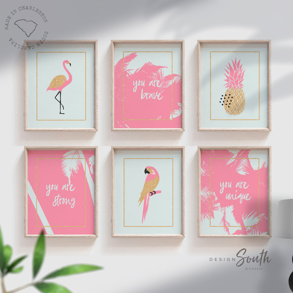 Pink gold nursery decor, flamingo prints, tropical print, pink wall decor for nursery bedroom or playroom, tropical themed gallery wall baby