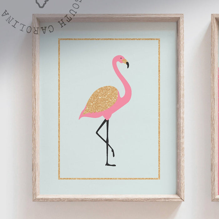 Pink gold nursery decor, flamingo prints, tropical print, pink wall decor for nursery bedroom or playroom, tropical themed gallery wall baby