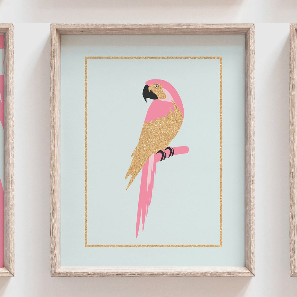 Pink gold nursery decor, flamingo prints, tropical print, pink wall decor for nursery bedroom or playroom, tropical themed gallery wall baby