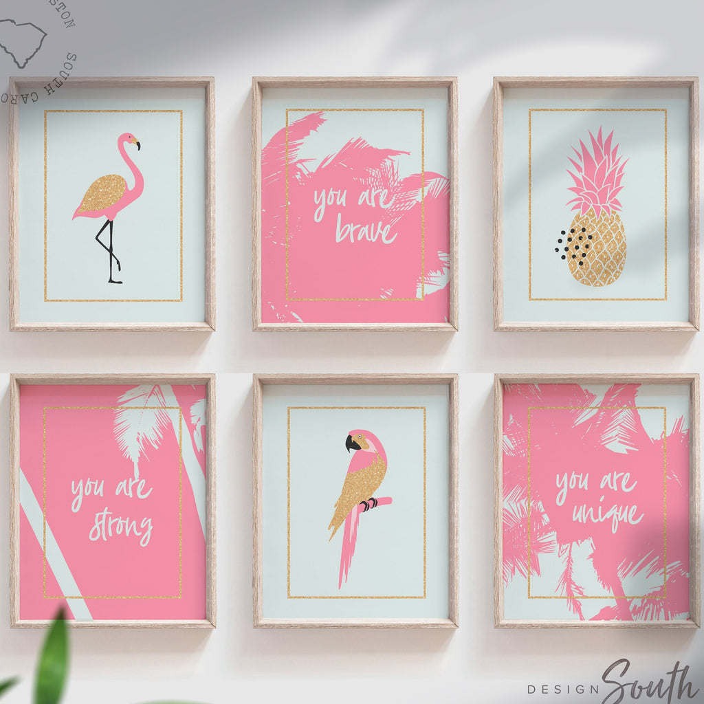 Pink gold nursery decor, flamingo prints, tropical print, pink wall decor for nursery bedroom or playroom, tropical themed gallery wall baby