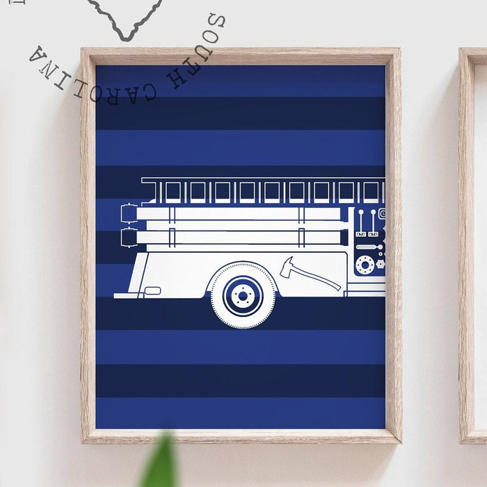 Navy fire truck nursery decor, firefighter nursery art, navy fire trucks, fire truck theme, boys fire truck decor, boy wall art firefighter