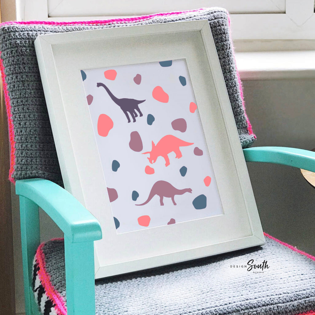 Girls bedroom nursery or playroom wall decor, pink purple dinosaur print set for girls, wall art for girls room, happy inspirational prints