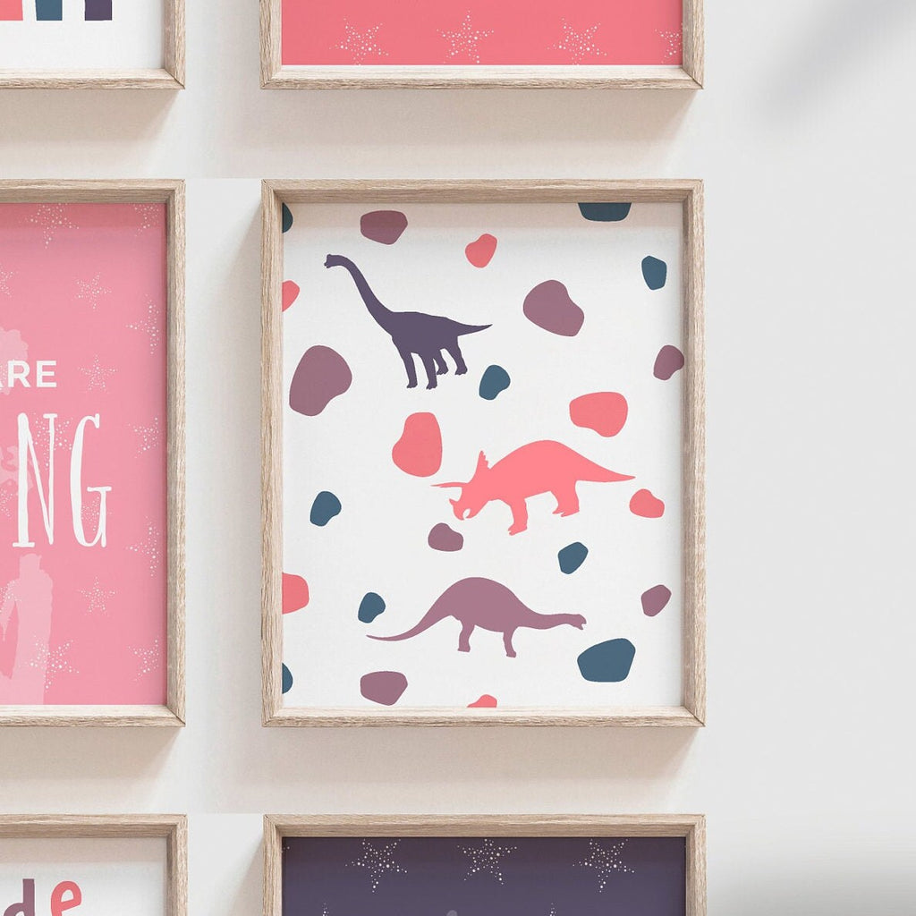 Girls bedroom nursery or playroom wall decor, pink purple dinosaur print set for girls, wall art for girls room, happy inspirational prints