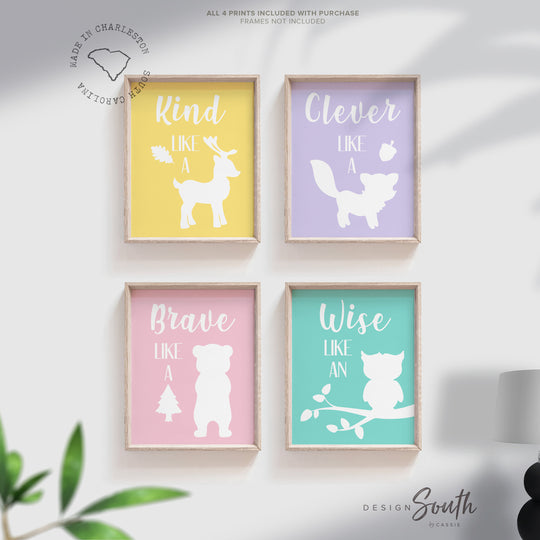 Girl woodland art decor, girls wall decor forest animals, woodland nursery, pink squirrel bear fox owl, nursery animal art, pastel woodland – unframed wall art print for kids room or nursery.