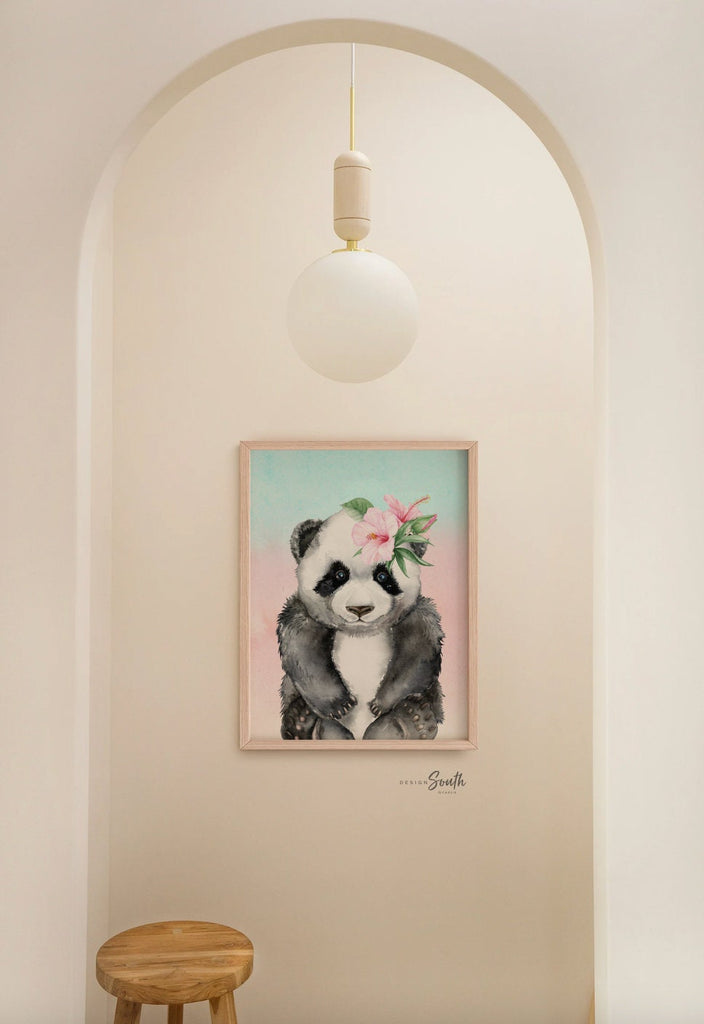 Girls panda bedroom, baby girl nursery gift, panda bear decor for girls, tropical flowers wall art baby, girls personalized name art pink