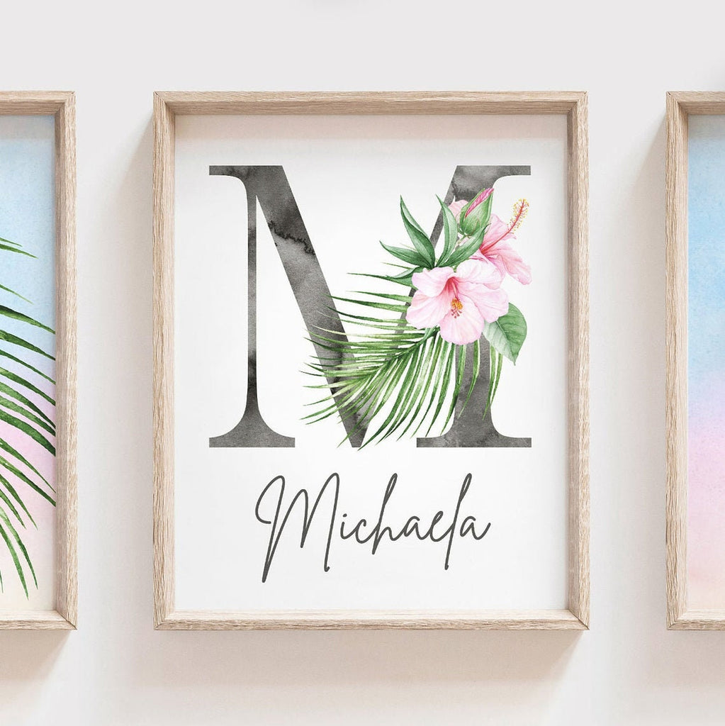 Girls panda bedroom, baby girl nursery gift, panda bear decor for girls, tropical flowers wall art baby, girls personalized name art pink