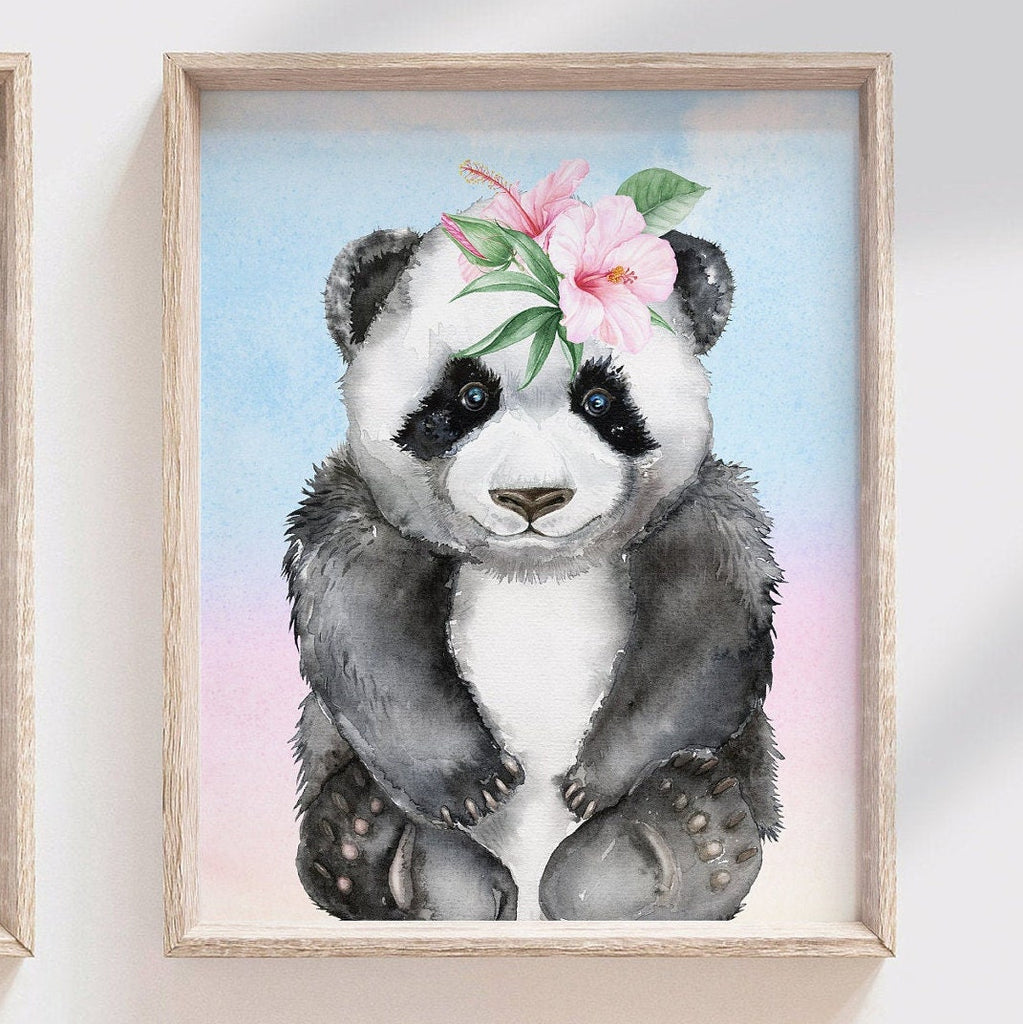 Girls panda bedroom, baby girl nursery gift, panda bear decor for girls, tropical flowers wall art baby, girls personalized name art pink