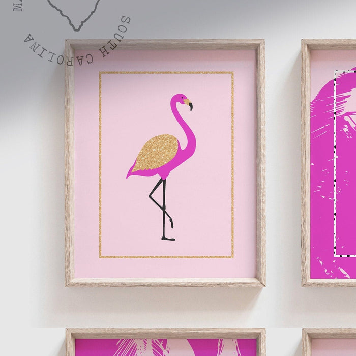 Hot pink wall art, personalized initial, pink girls nursery art prints, girl kids room decor pictures pink, tropical hot pink flamingo decor