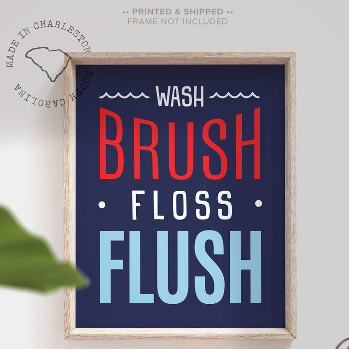 Bathroom wall decor for children, navy blue bathroom print children art, blue red navy bathroom decor, wash brush floss flush print wall art