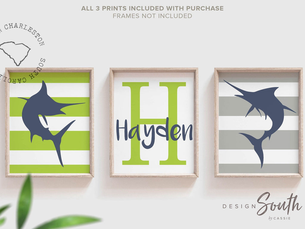 Marlin fish gift for boy, deep sea fishing wall art prints fishing nursery, boy saltwater fishing art, boy fishing bedroom personalized name – unframed wall art print for kids room or nursery.