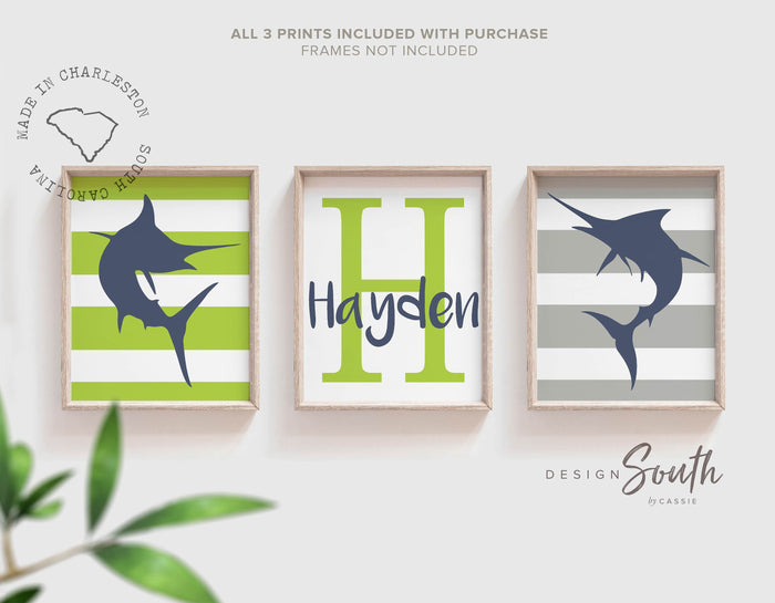Marlin fish gift for boy, deep sea fishing wall art prints fishing nursery, boy saltwater fishing art, boy fishing bedroom personalized name